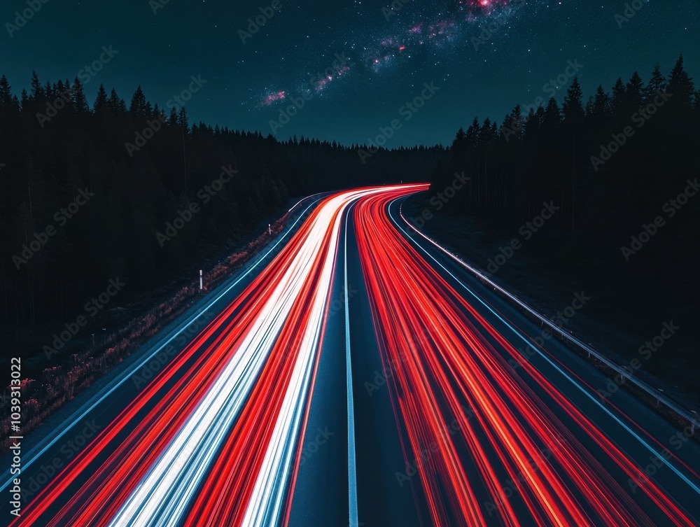 Poster dynamic light trails on a dark highway showcasing motion and speed, surrounded by trees and a starry