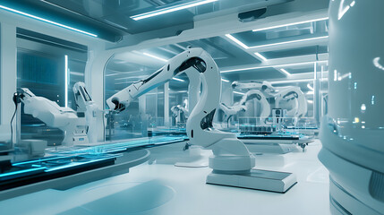 Futuristic electronics factory featuring advanced robotic arms working on high tech machinery. sleek design and blue lighting create modern and innovative atmosphere