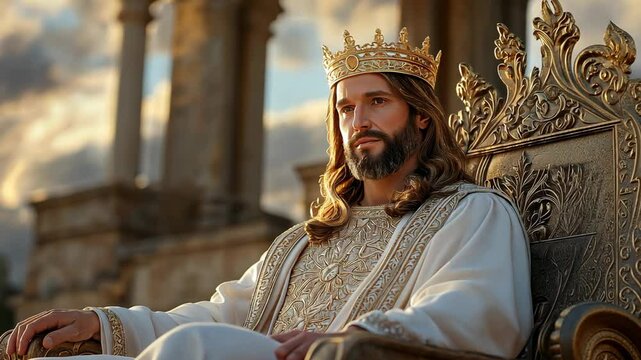 man dress up as Jesus Christ wearing ornate white robe and gold crown sitting on the glory throne of heaven 
