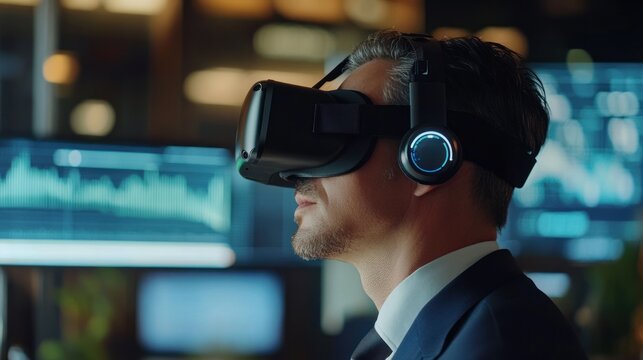 A man wearing a VR headset and headphones, engaged in virtual reality experiences.