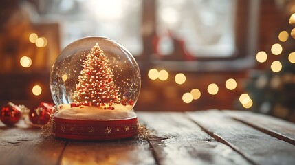 A shining snow globe with a glowing Christmas tree inside, set on a wooden table with festive lights