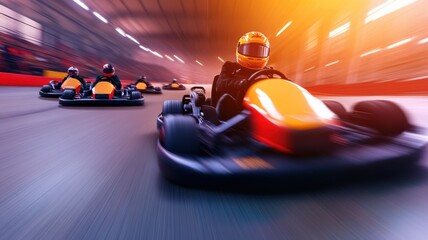 Exciting moment in indoor go-kart racing, showcasing speed and adrenaline in a vibrant racing environment.