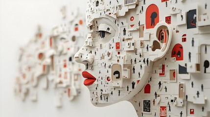 Layered paper cut representations of various cultural symbols arranged in a dynamic and design  The composition features geometric patterns textures and a vibrant color palette