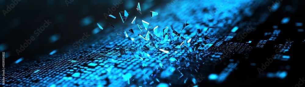 Poster futuristic digital abstract image with vibrant blue particles floating above a surface, representing