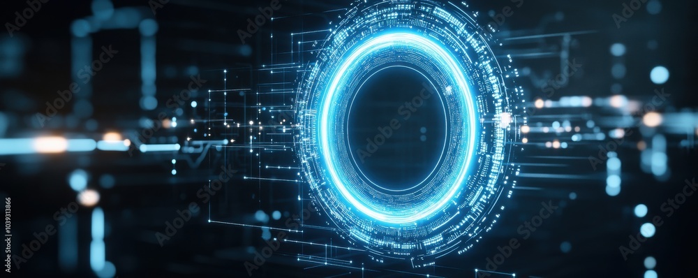 Poster futuristic digital interface featuring glowing blue circular designs and intricate data patterns, id