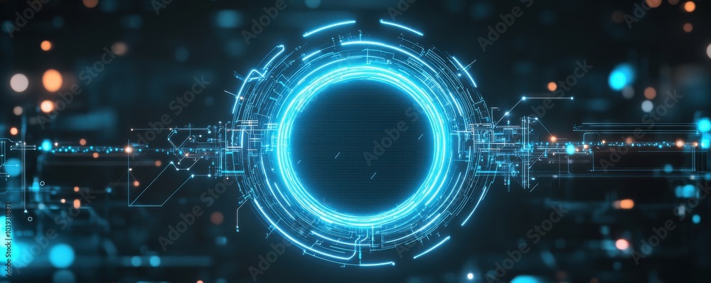 Poster futuristic digital interface featuring a glowing blue circle with intricate circuit patterns and vib