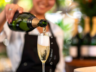 woman in apron pours champagne into glass, creating festive atmosphere. soft focus highlights bubbles and joyful moment of celebration