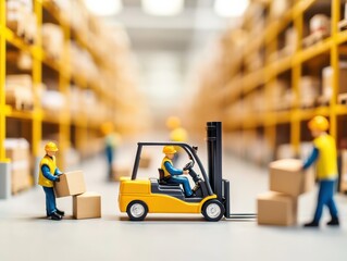 Naklejka premium Miniature forklift in a warehouse setting, loaded with boxes, highlighting logistics and efficient storage solutions.
