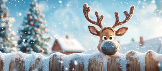 Humorous holiday scene with a reindeer peeking over a snow barrier.