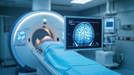 Medical imaging process with MRI machine showing brain scan results and patient on examination table in clinical setting.