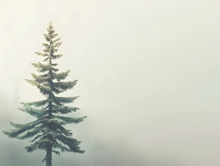 minimalistic view of ancient spruce tree standing tall in misty landscape, evoking sense of tranquility and timelessness