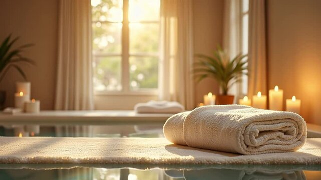 A luxurious spa environment with a serene, high-end feel. With soft natural light fills the room, emphasizing the tranquility and exclusiveness of the experience.