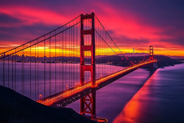Fototapeta premium A vibrant sunset view of the Golden Gate Bridge over water, showcasing stunning colors.