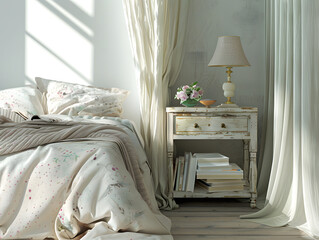 serene bedroom featuring neatly made bed with soft pastel colors, complemented by charming bedside table adorned with books and delicate lamp. natural light enhances peaceful atmosphere