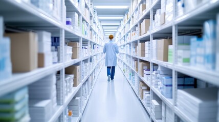 Pharmacist walking through a modern pharmacy aisle filled with medication boxes and products, showcasing organization and care.