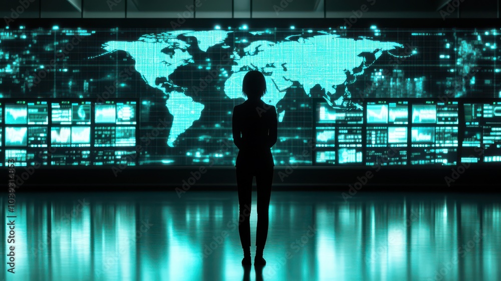 Poster silhouette of a person observing a digital world map on a futuristic display in a high-tech environm
