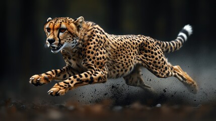 Obraz premium A cheetah sprinting across a blurred landscape, showcasing speed.