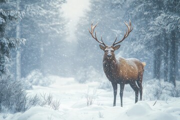 Tranquil Christmas scene with a stag in a snowy forest.