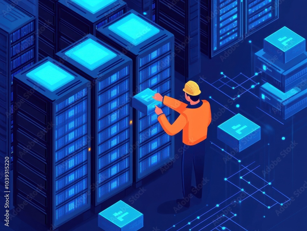 Poster technician working on a data server in a modern data center, showcasing technology and innovation in