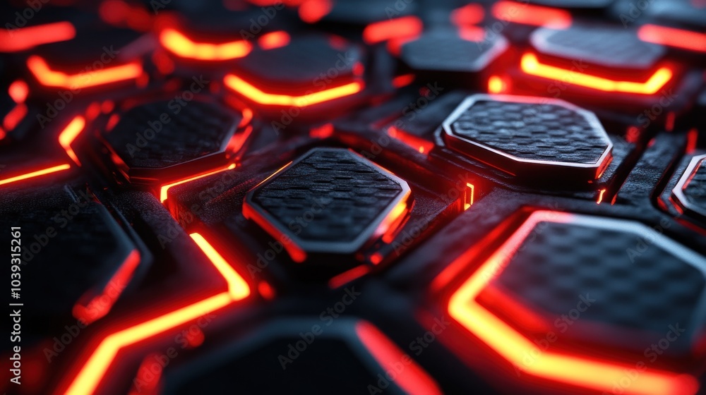 Poster a close-up view of a futuristic hexagonal surface with glowing red accents.