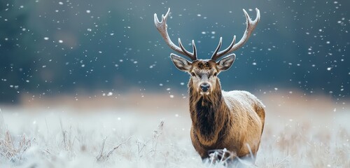 Detailed portrait of a red deer stag during the snowy winter season.