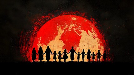 Layered silhouettes of people in traditional attire from different ethnicities and backgrounds holding hands together around a symbolic globe representing unity diversity and a connected world