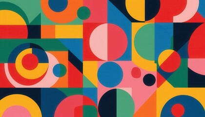 Vibrant geometric art with red, blue, yellow, green, and pink shapes, gradients, and patterns.