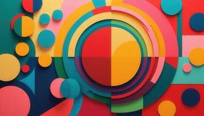 Obraz premium Geometric art with red, blue, yellow, green, and pink shapes, gradients, and patterns.