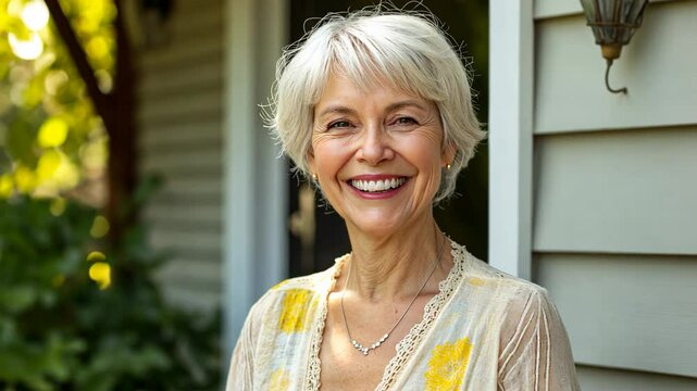 smiling 50 year old woman smiling at front of home