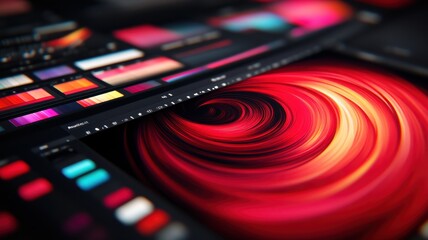 Obraz premium Vibrant abstract design featuring swirling patterns and color palettes, ideal for creative projects and digital art inspiration.