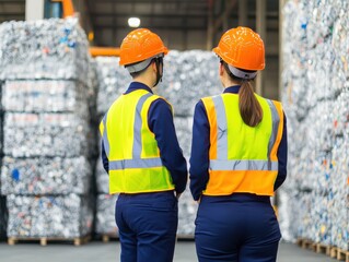 Two workers in safety gear examine a waste management facility, focusing on sustainability and recycling efforts.