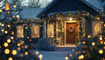 Festive home facade with Christmas lights and decorative garlands.