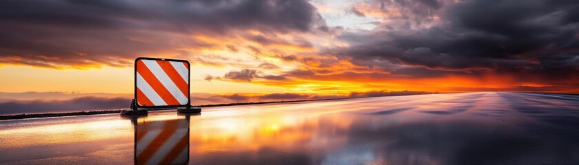 Obraz premium Vibrant sunset over a reflective surface with a traffic barrier, creating a striking contrast of color and geometry.