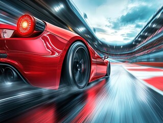 Obraz premium Dynamic Close-Up of a Red Sports Car Racing on a Wet Track: Perfect for a Stunning Sports Interior Poster Showcasing Motion and Reflections