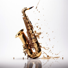 Naklejka premium generated illustration of a elegant saxophone on a white background with artistic splashes, symbolizing music and creativity.