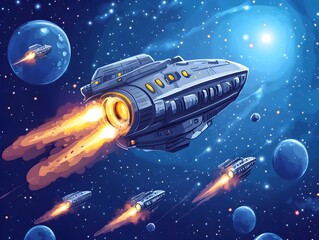 Obraz premium Futuristic Spaceship Launching Into the Vast Cosmic Landscape