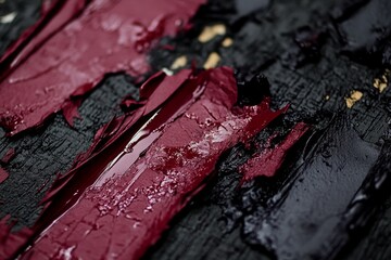 Close-up of rich crimson and black paint strokes, creating a vibrant abstract texture.