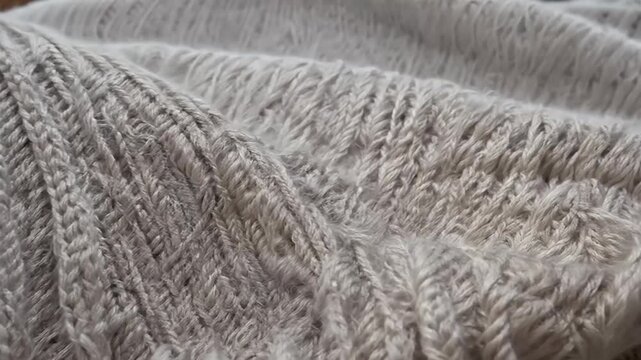 A closeup dolly shot knitted wool fabric highlights soft grey texture merino capturing warmth comfort cozy material exquisite detail 4K resolution natural pattern row foulard ep slow motion surface