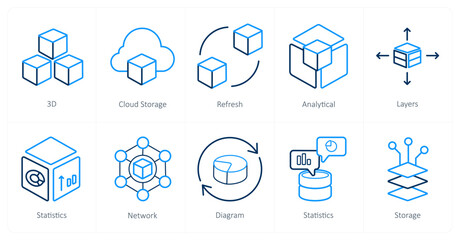 A set of 10 Big Data icons as 3d, cloud storage, refresh