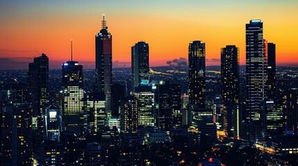 Fototapeta premium Cityscape at Dusk with Skyscrapers Illuminated