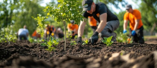 Fototapeta premium A group of volunteers planting trees in a park. They are wearing gloves and working together to plant the trees in the ground.