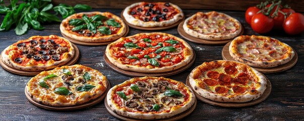Fototapeta premium Assorted pizzas on wooden serving boards, fresh ingredients, rustic background
