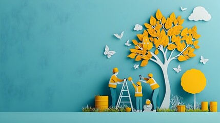 Paper cut scene depicting volunteers selflessly and compassionately helping their local community showcasing the spirit of humanitarian service and making a positive social impact