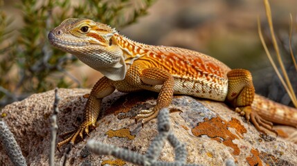 Obraz premium Colorful Lizard Basking on a Rock in Desert Environment