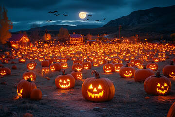A brightly lit pumpkin patch at night with glowing jack-o'-lanterns, bats flying overhead, and a full moon.