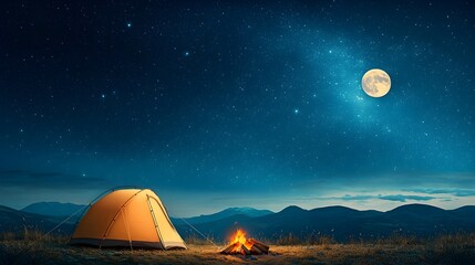 Obraz premium Peaceful campsite nestled in the serene mountain wilderness with a cozy tent crackling campfire and a breathtaking night sky filled with twinkling stars