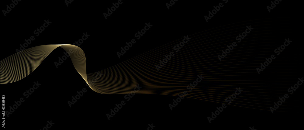 Aufkleber abstract vector wavy lines flowing smooth curve gold gradient light color on black background in con