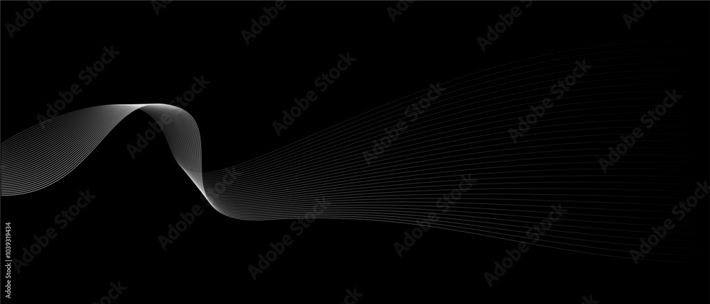 Aufkleber Abstract vector wavy lines flowing smooth curve white grey light color on black background in concept of luxury, technology, science, music, modern.