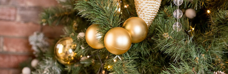 The interior of a room decorated for the holiday. Christmas New Year tree with garlands.Christmas...