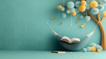 Scenic conceptual image of a layered hammock made of paper suspended between two paper trees with a book resting on it conveying a sense of tranquility relaxation